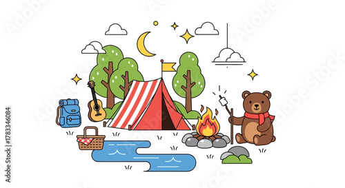 Cute cartoon bear roasting a marshmallow at a campfire in a forest camping scene, a flat line vector illustration
