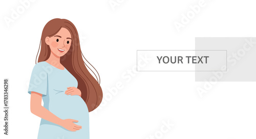 A beautiful smiling pregnant woman with long hair tenderly holds her belly. Maternity and motherhood concept vector illustration