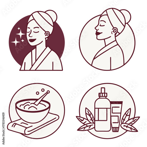 Spa and beauty treatment icon set, vector line art of woman, mixing bowl, and cosmetic products
