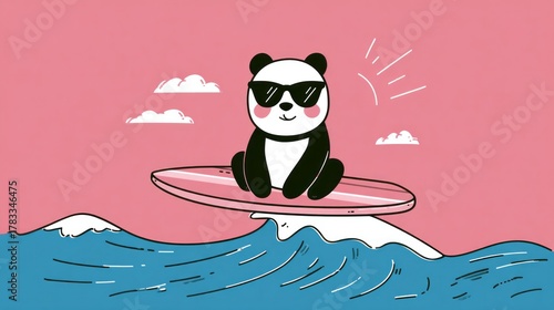 A whimsical panda rides pink waves of imagination, celebrating World Animal Day and Panda Awareness festivities with flair