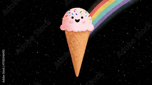 Whimsical ice cream cone joyriding on a rainbow through the cosmos, perfect for National Ice Cream Day and Pride Month celebrations