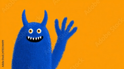 Blue fuzzy monster gleefully waves, evoking whimsical charm, perfect for National Monster Day and quirky storytelling sessions