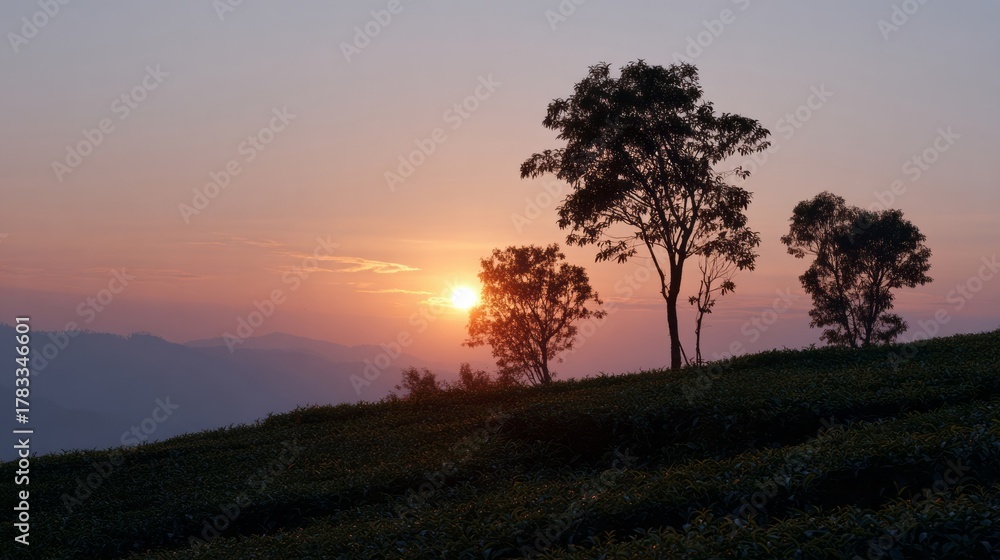 Fototapeta premium Silhouetted trees at dusk evoke tranquility, nature's twilight palette, invoking Earth Day reflections and serene Arbor Day musings