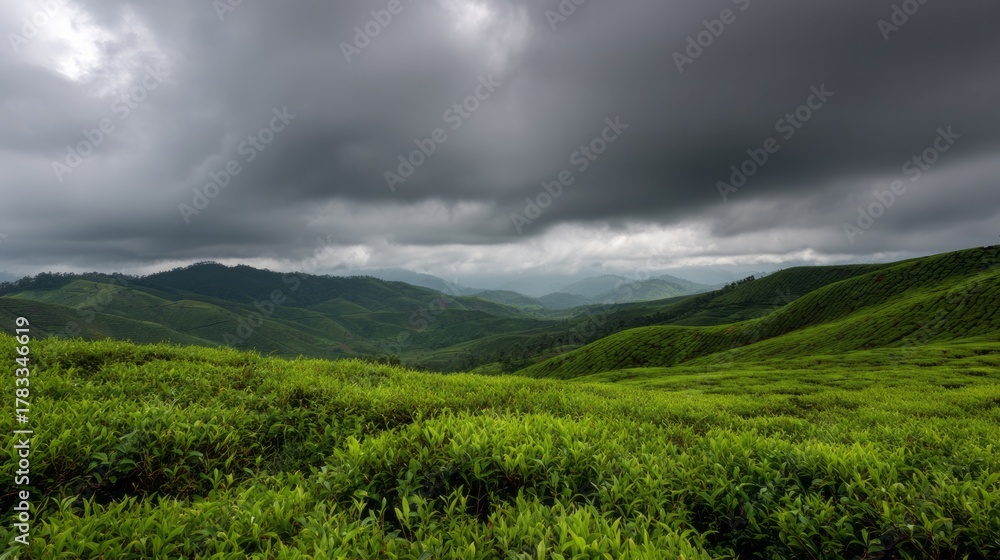 Fototapeta premium Majestic emerald hills cradle beneath tumultuous tempestuous skies, whispering secrets of Lammas harvest and verdant equinox renewal