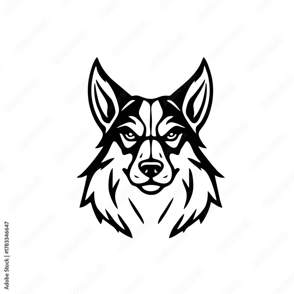 Naklejka premium Geometric Horned Dog Face Logo, Modern Flat Design, Symmetry, Black Silhouette