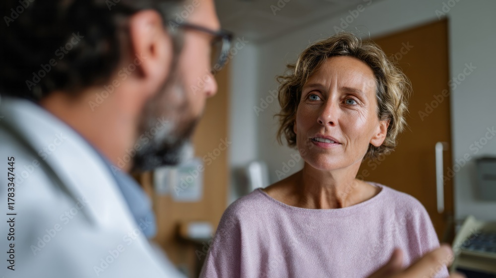 Fototapeta premium In a softly lit consultation room, a Caucasian woman engages intently with a bearded male doctor, symbolizing World Health Day and Wellbeing Week