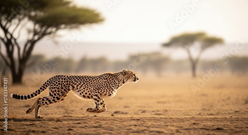 A cheetah running in a savannah with acacia trees in the background.