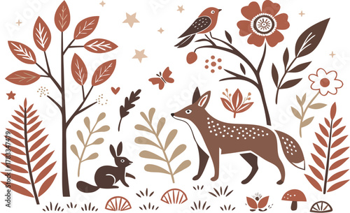 Vector abstract seamless floral nature pattern illustration with deer and bird silhouette design