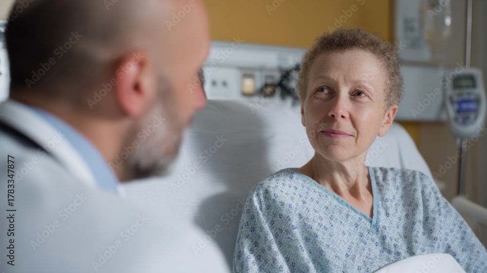 Fototapeta premium A serene exchange, an elderly Caucasian woman in a hospital gown shares a tender moment with a caring doctor; themes of empathy, World Health Day, and National Nurses Week resonate deeply