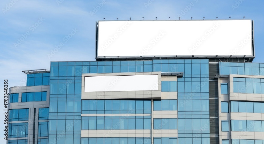 Obraz premium A large, modern glass building with a blank white billboard on top.