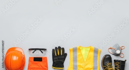 Construction safety equipment on a grey background.