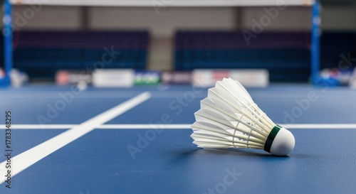 A white shuttlecock on a blue badminton court.
