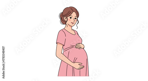 A beautiful illustration of a happy pregnant woman gently holding her baby bump, symbolizing maternity and the anticipation of motherhood