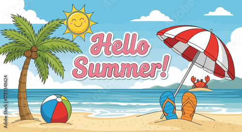 Hello Summer Beach Scene with Sun, Umbrella, and Beach Ball for Warm Season Greetings