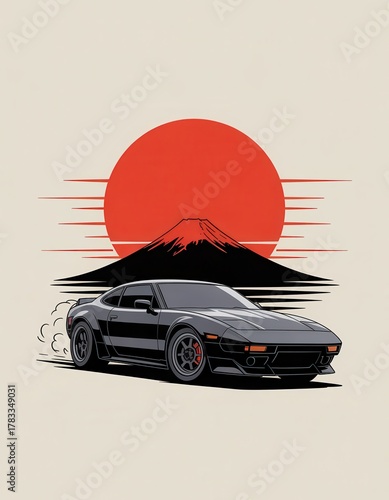 Dynamic illustration of a JDM sports car in front of Mount Fuji and a red rising sun, representing Japanese automotive culture.