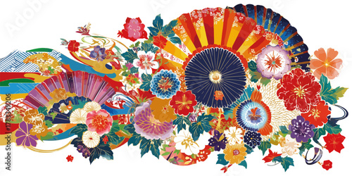 Vettore decorativo giapponese con ventagli, fiori colorati e motivi tradizionali per celebrazioni.