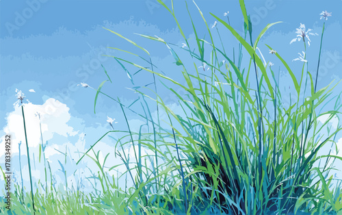 Vettore di erba verde alta e fiori bianchi che ondeggiano contro un cielo azzurro con nuvole soffici.