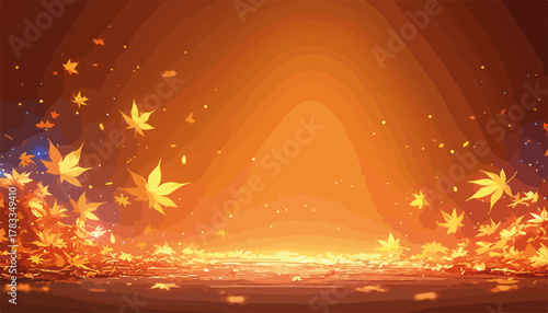 Vettore astratto di foglie d'acero autunnali che cadono su uno sfondo luminoso e caldo color arancio.