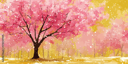Vettore artistico di un maestoso albero di ciliegio in fiore con petali rosa che cadono su sfondo dorato.