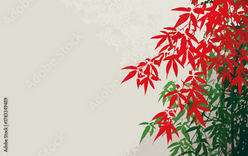 Sfondo vettoriale minimalista con foglie di acero rosse e verdi in stile giapponese su beige.