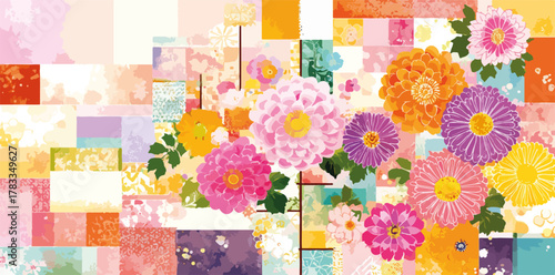 Un vibrante bouquet di crisantemi stilizzati su uno sfondo geometrico astratto dai colori pastello.