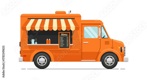 Vibrant Orange Food Truck with Menu Board and Striped Awning, Ready to Serve Delicious Cuisine