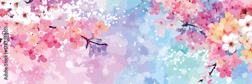 Fiori di ciliegio stilizzati con sfondo acquerellato in tonalità pastello.