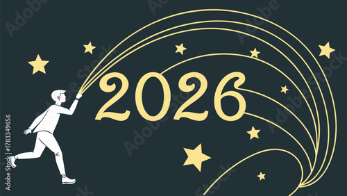 Person creating year 2026 with golden light trails & shining stars.