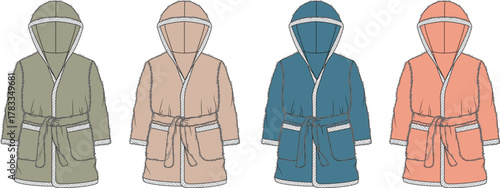 A colorful set of hooded bathrobe fashion flat sketches. Vector template collection for cozy loungewear and home apparel design