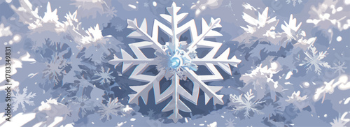 Fiocco di neve dettagliato al centro di un paesaggio invernale etereo e luminoso