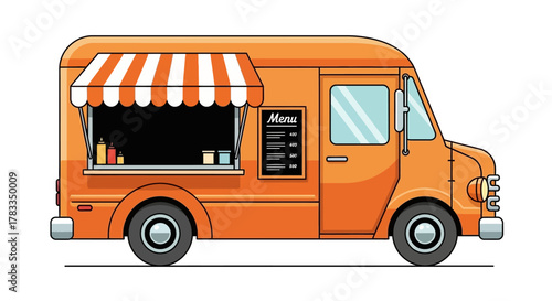 Orange Food Truck Illustration with Awning and Menu Board for Mobile Catering