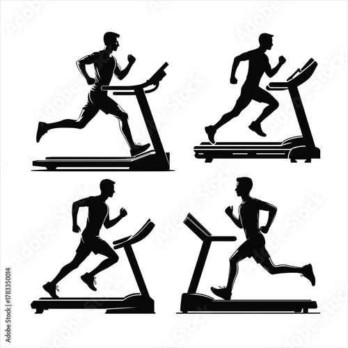 Four silhouettes of men running on treadmills isolated on white background