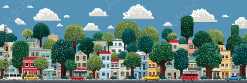 Vettore colorato di un quartiere residenziale con case a schiera e alberi rigogliosi sotto un cielo azzurro.