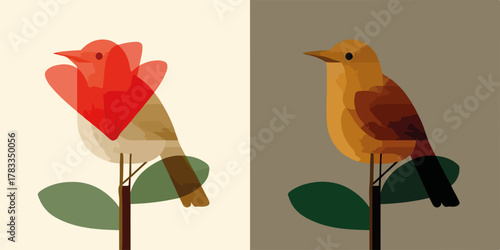 Illustrazione vettoriale di uccelli stilizzati, uno rosso su sfondo chiaro e uno giallo su scuro.