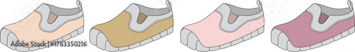 Graphic illustration of four comfortable slip-on shoes in distinct muted colors. This versatile casual footwear collection is ideal for everyday fashion and relaxed, simple style