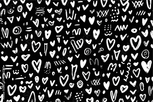 Pattern astratto di cuori disegnati a mano in bianco e nero, stile doodle, per sfondo romantico.