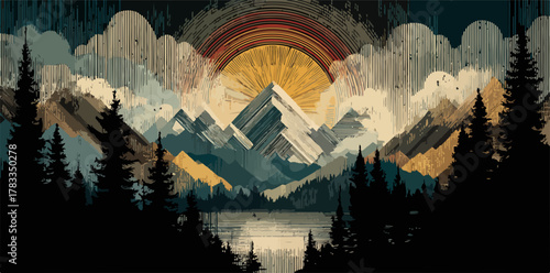 Vettore stilizzato di alba o tramonto sulle montagne innevate con silhouette di pini e lago