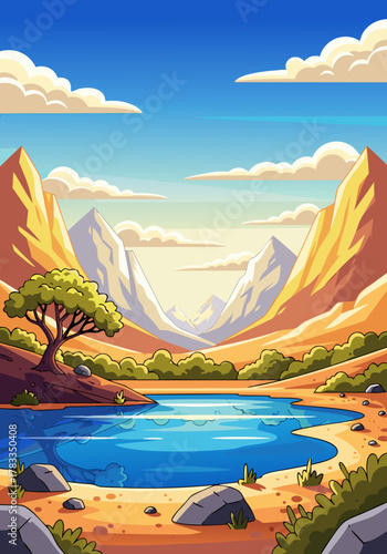 Serene Landscape A Picturesque View of a Lake Nestled Between Majestic Mountains and a Clear Blue Sky