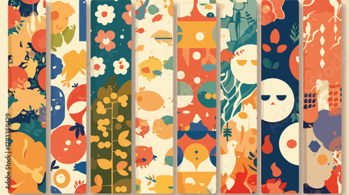 Collezione verticale di illustrazioni astratte con motivi floreali, volti stilizzati e forme geometriche in tonalità calde.