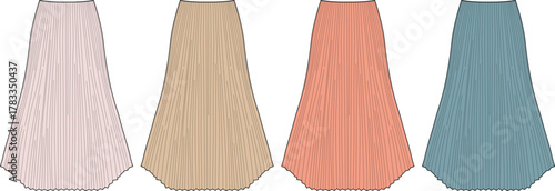 Collection of women's long pleated skirts in elegant pastel colors blush pink, warm beige, coral, and teal. Flat lay fashion illustration for apparel design concepts