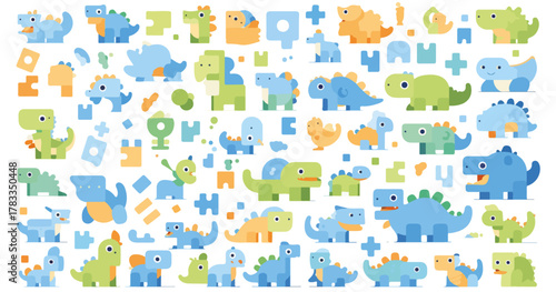 Set di illustrazioni vettoriali colorate e piatte raffiguranti vari tipi di dinosauri stilizzati per bambini.