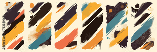 Astratto vettore di pennellate diagonali in blu scuro, giallo ocra, arancione e turchese su sfondo crema.