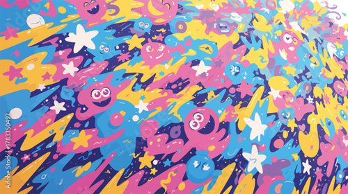 Vettore colorato di personaggi cartoni animati astratti, stelle e lampi dinamici in movimento