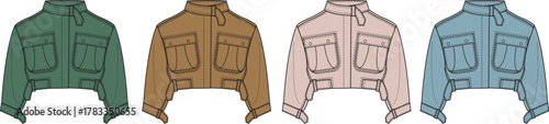 Fashion design technical flat illustration of a stylish cropped utility jacket with chest pockets, shown in a palette of four different colorways