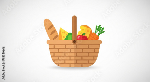 Illustration of picnic basket with bread cheese apple carrot and broccoli for outdoor food and drink