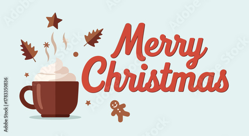 Cozy merry christmas greeting with hot chocolate and festive decorations like gingerbread man and leaves
