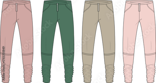A colorful collection of women's trousers shown as a technical flat sketch. Vector illustration for fashion design, apparel mockups, and clothing templates