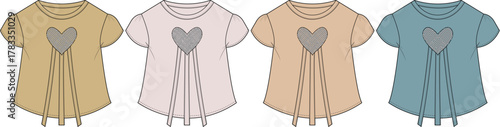 Vector illustration set of a girl's tunic top with a heart graphic, puff sleeves, and pleated details. Children's apparel design concept in four colorways
