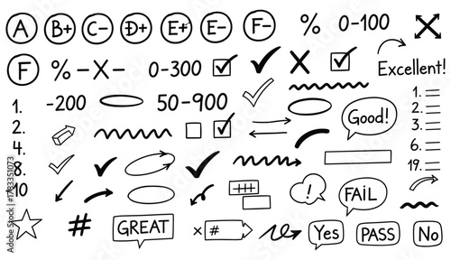 Hand Drawn School Grading Symbols and Numbers grade Vector