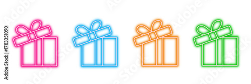 Neon glowing gift box vector icons set, present, celebration, holiday, surprise, vibrant colorful digital design illustration on transparent	
